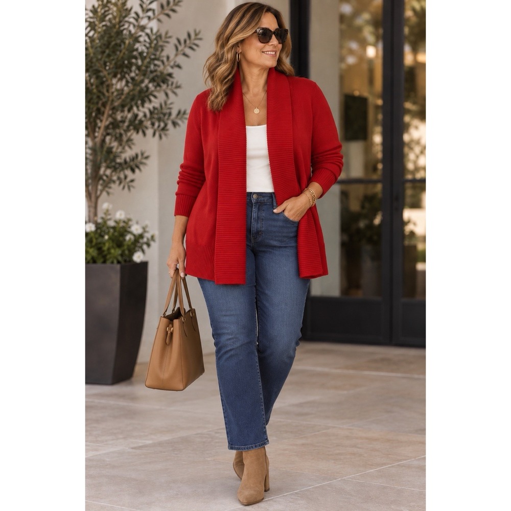 INC Open Front Cardigan Sweater Sz XL Chunky Ribbed Knit Preppy Boho Cozy RED